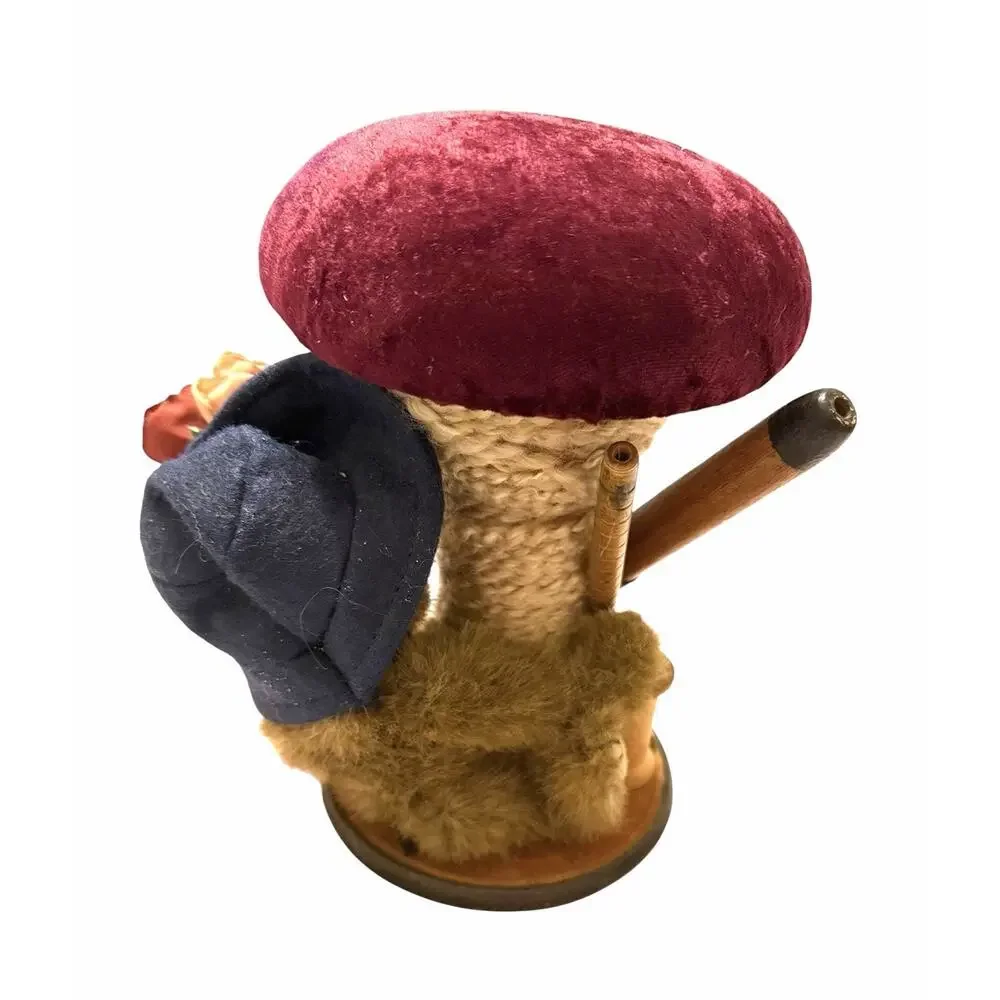 VINTAGE HANDMADE Pin Cushion With Teddy Bear Sewing Stand Spool Holder 3406-63